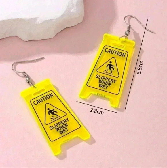Funny yellow sign caution earrings jewelry fashion women's silver dangle plated - Picture 4 of 4